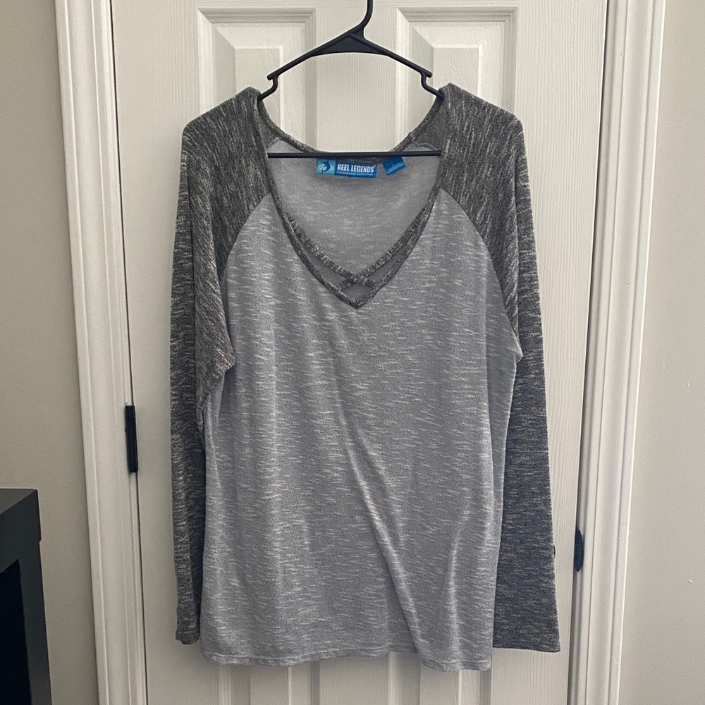 Gray and Black Long Sleeve V-Neck Top